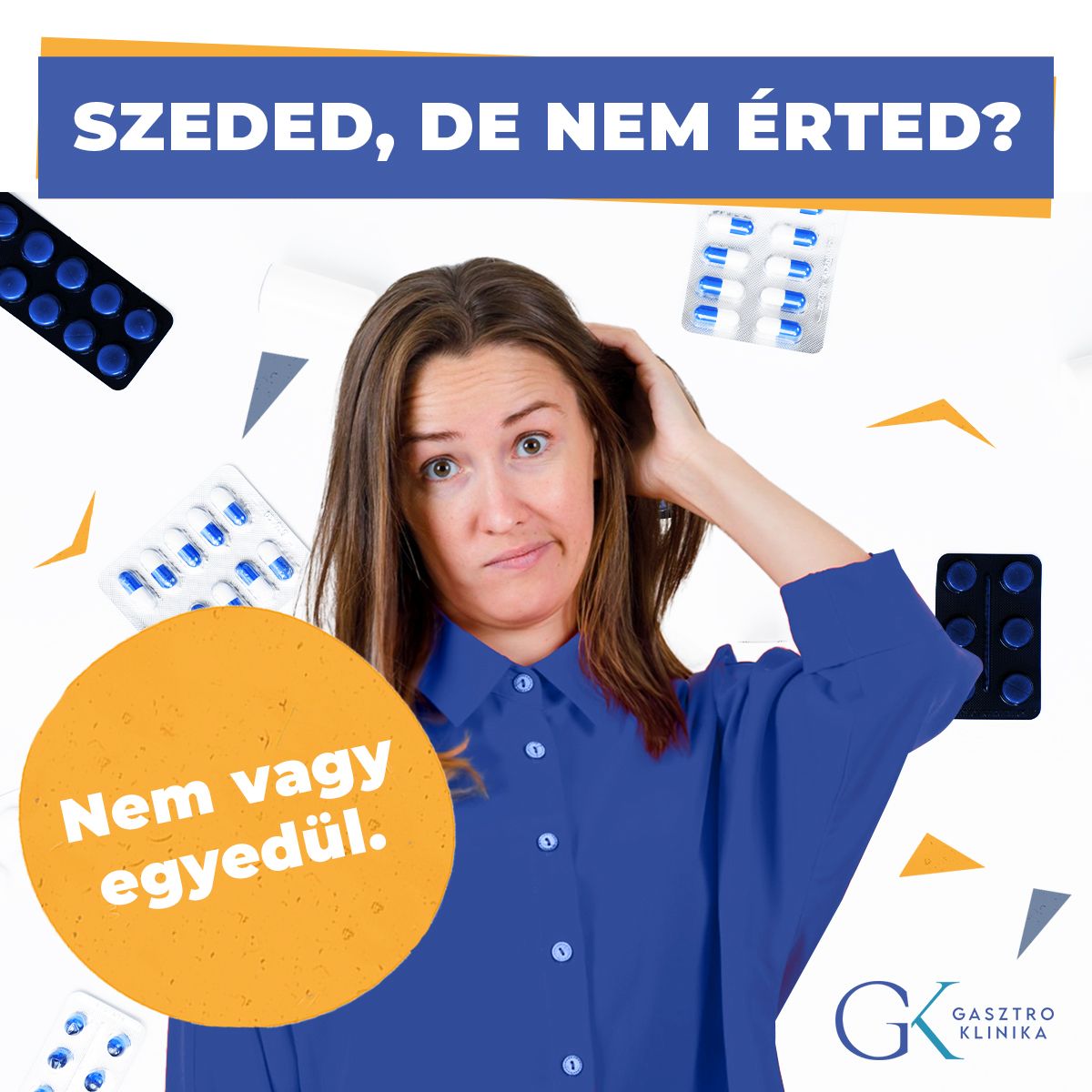 Egy középkorú nő zavartan a fejét vakarja, miközben egy gyógyszeres dobozokat tartalmazó asztalt néz – bizonytalan abban, melyik gyógyszert mire kellene szednie.